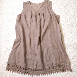 Bella Umbria Shift Dress %100 Linen Gray Lace Trim Pleat Round Neck 2X Women